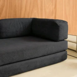 Sofá cama con futón plegable en pana y estructura cromada, 3 plazas