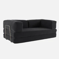 Sofá cama con futón plegable en pana y estructura cromada, 3 plazas