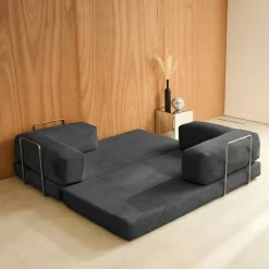 Sofá cama con futón plegable en pana y estructura cromada, 3 plazas