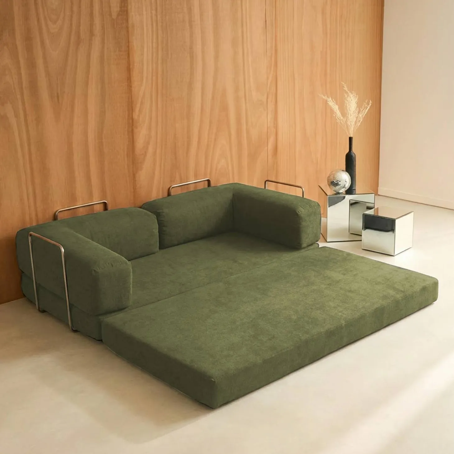 Sofá cama con futón plegable en pana y estructura cromada, 3 plazas
