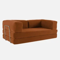 Sofá cama con futón plegable en pana y estructura cromada, 3 plazas