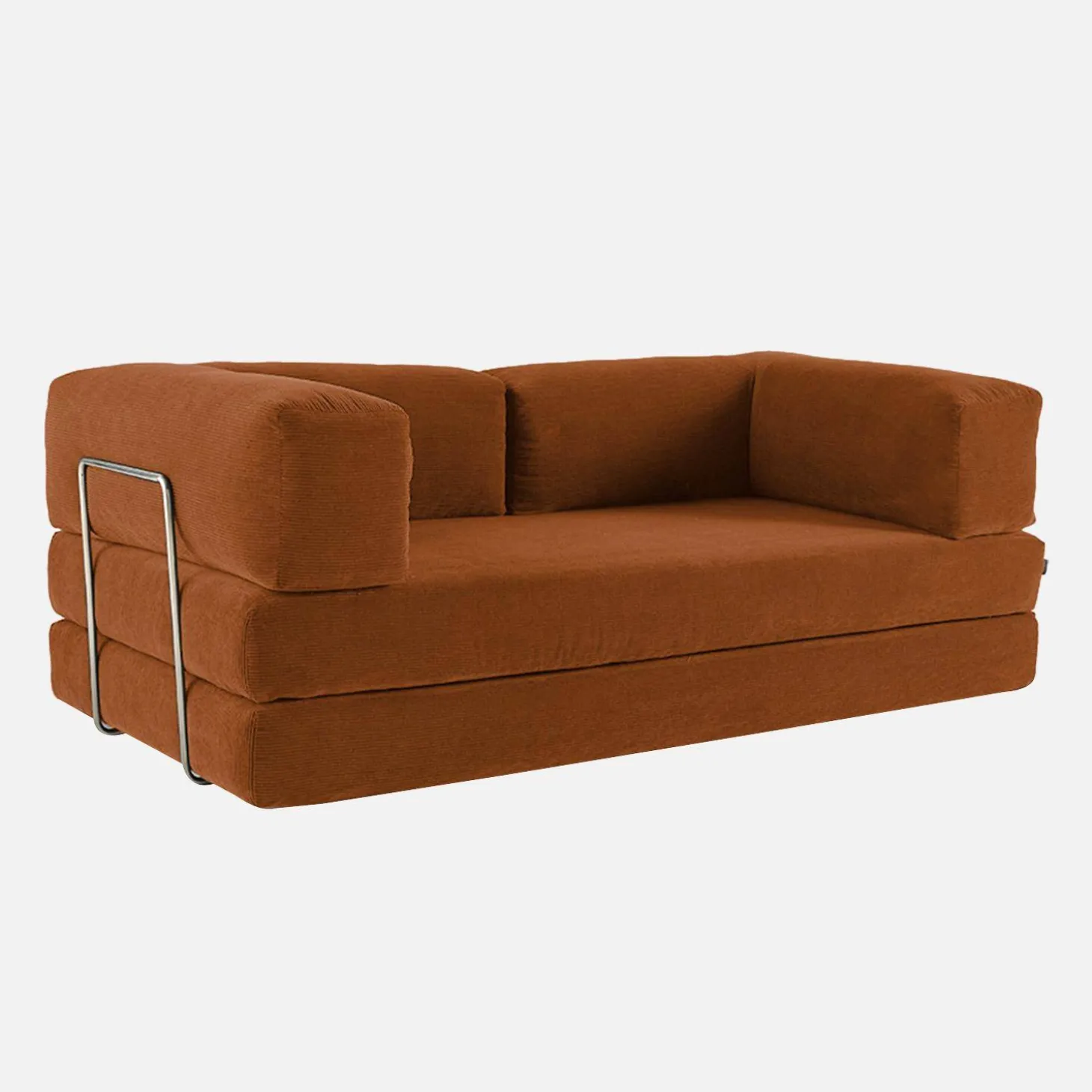 Sofá cama con futón plegable en pana y estructura cromada, 3 plazas