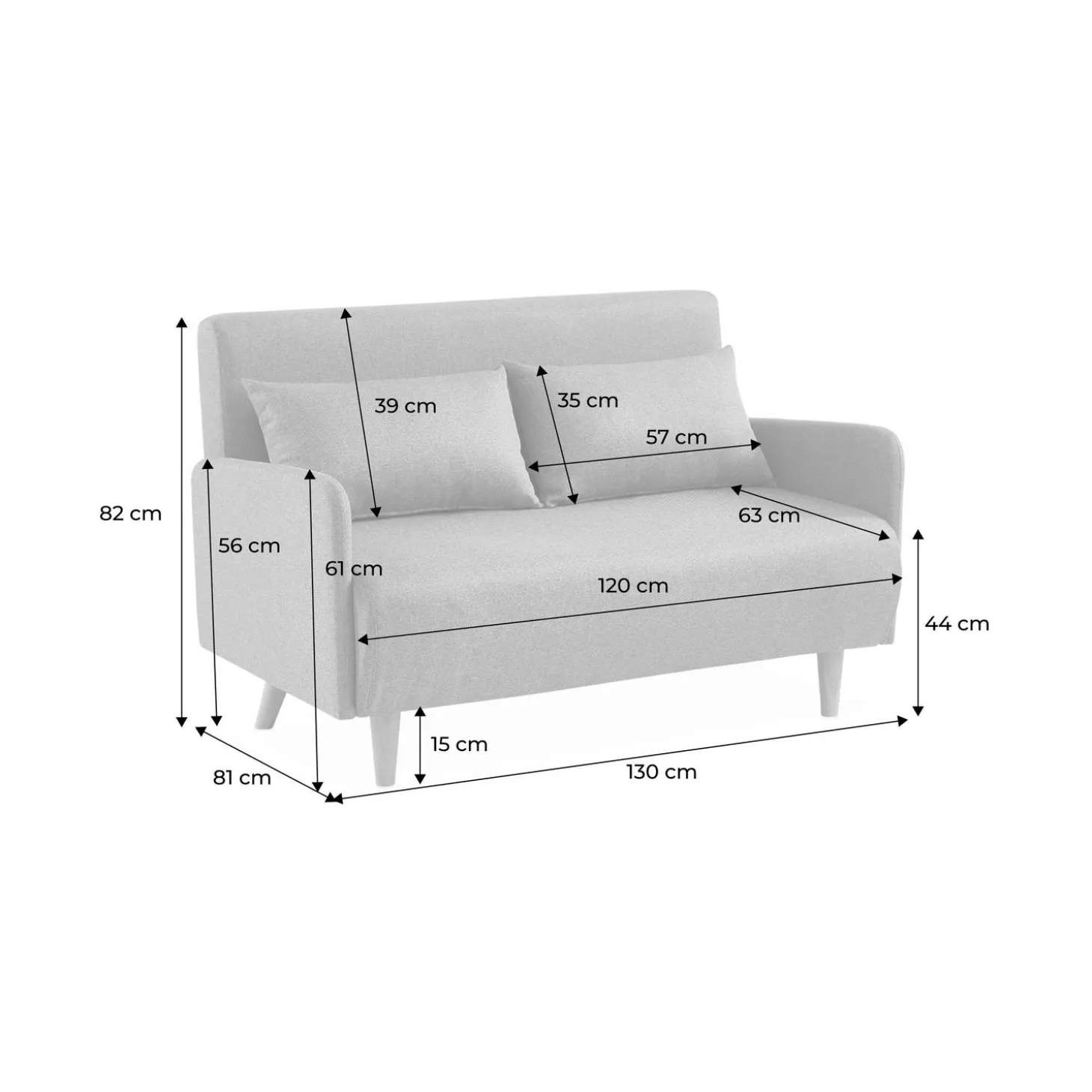 Sofá cama con patas de madera de 2 plazas