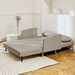 Sofá cama de pana con patas de madera, 2 plazas