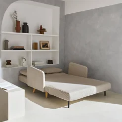 Sofá cama de pana con patas de madera, 2 plazas