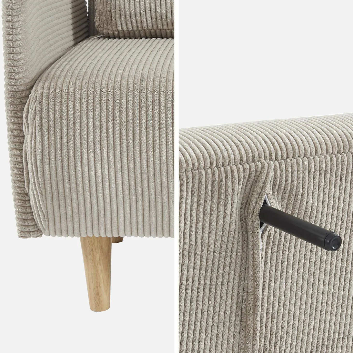 Sofá cama de pana con patas de madera, 2 plazas