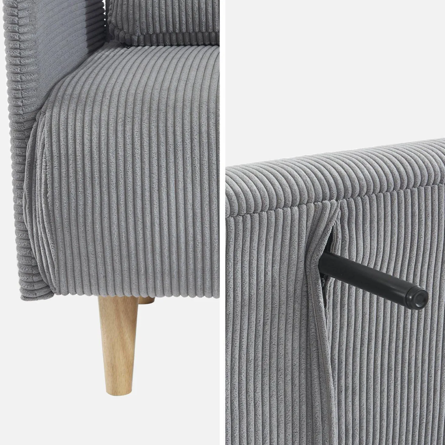Sofá cama de pana con patas de madera, 2 plazas