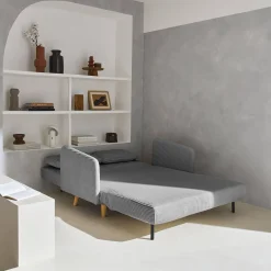 Sofá cama de pana con patas de madera, 2 plazas