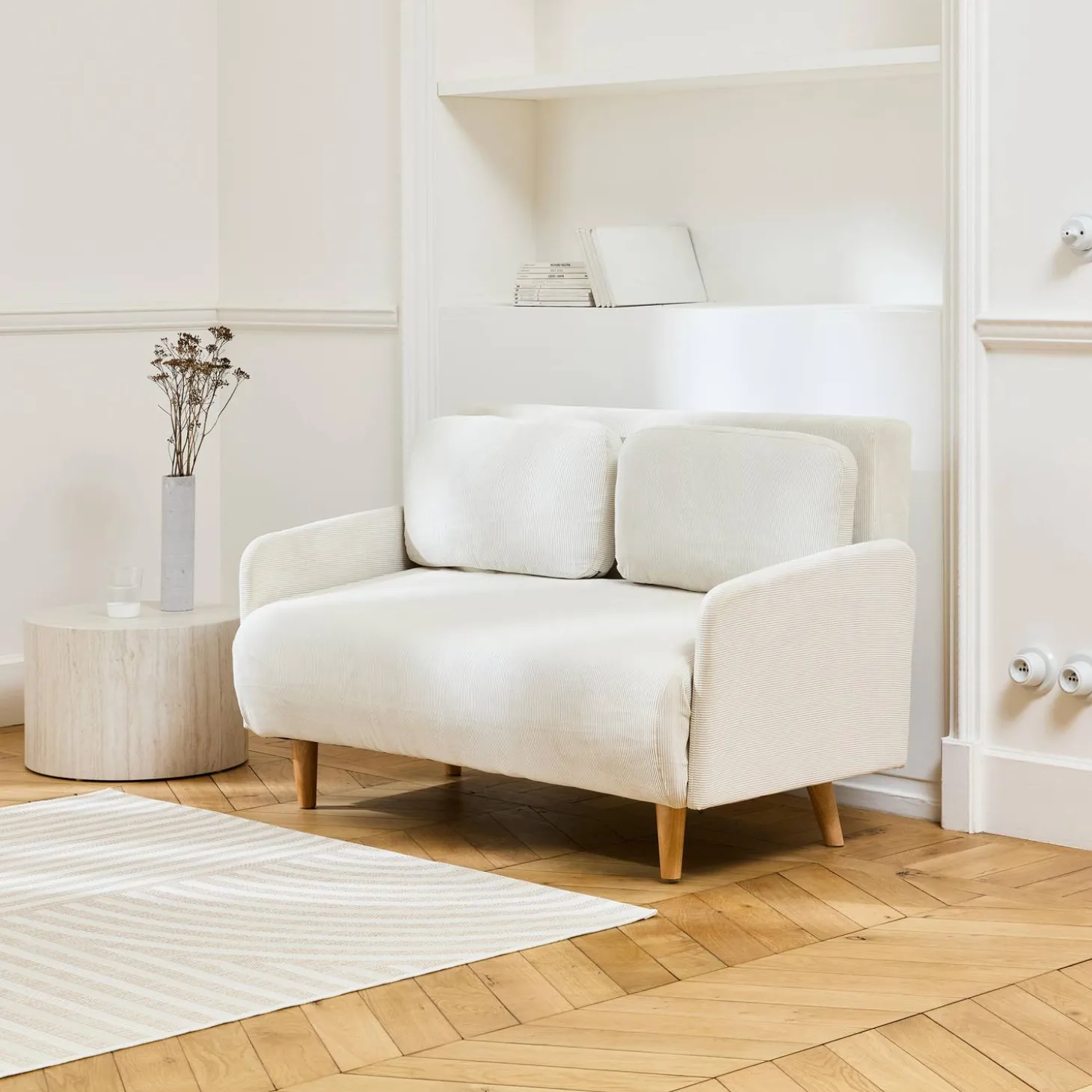 Sofá cama de pana con patas de madera, 2 plazas