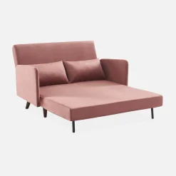 Sofá cama de terciopelo con patas de madera, 2 plazas