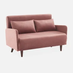 Sofá cama de terciopelo con patas de madera, 2 plazas