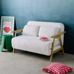 Sofá cama en borreguito y madera, 2 plazas
