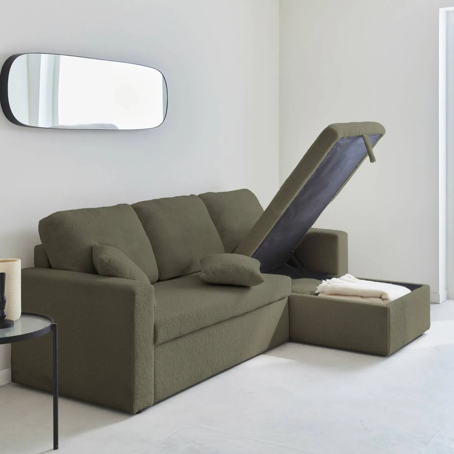 Sofá cama esquinero de borreguito, 3 plazas