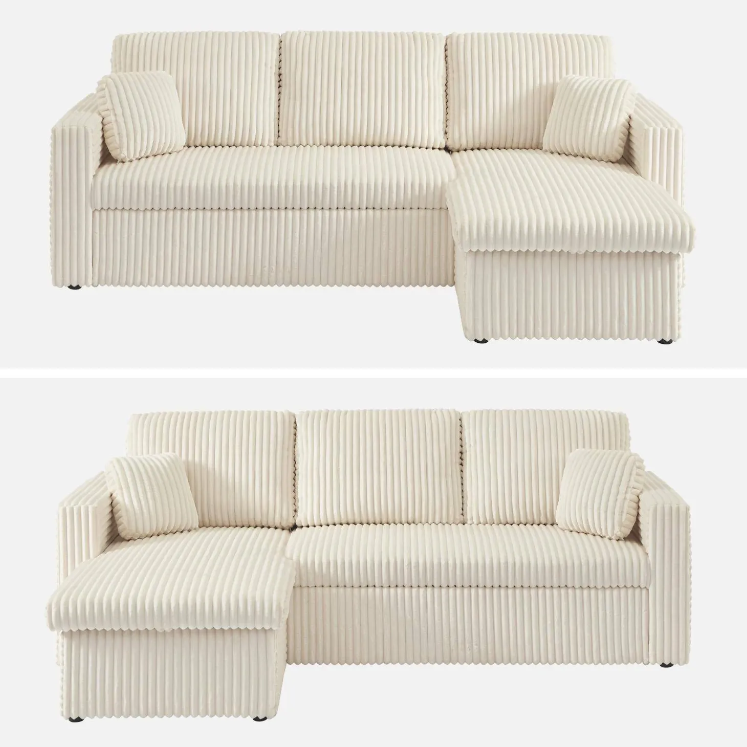 Sofá cama esquinero de pelo sintético con textura acanalada de 3 plazas
