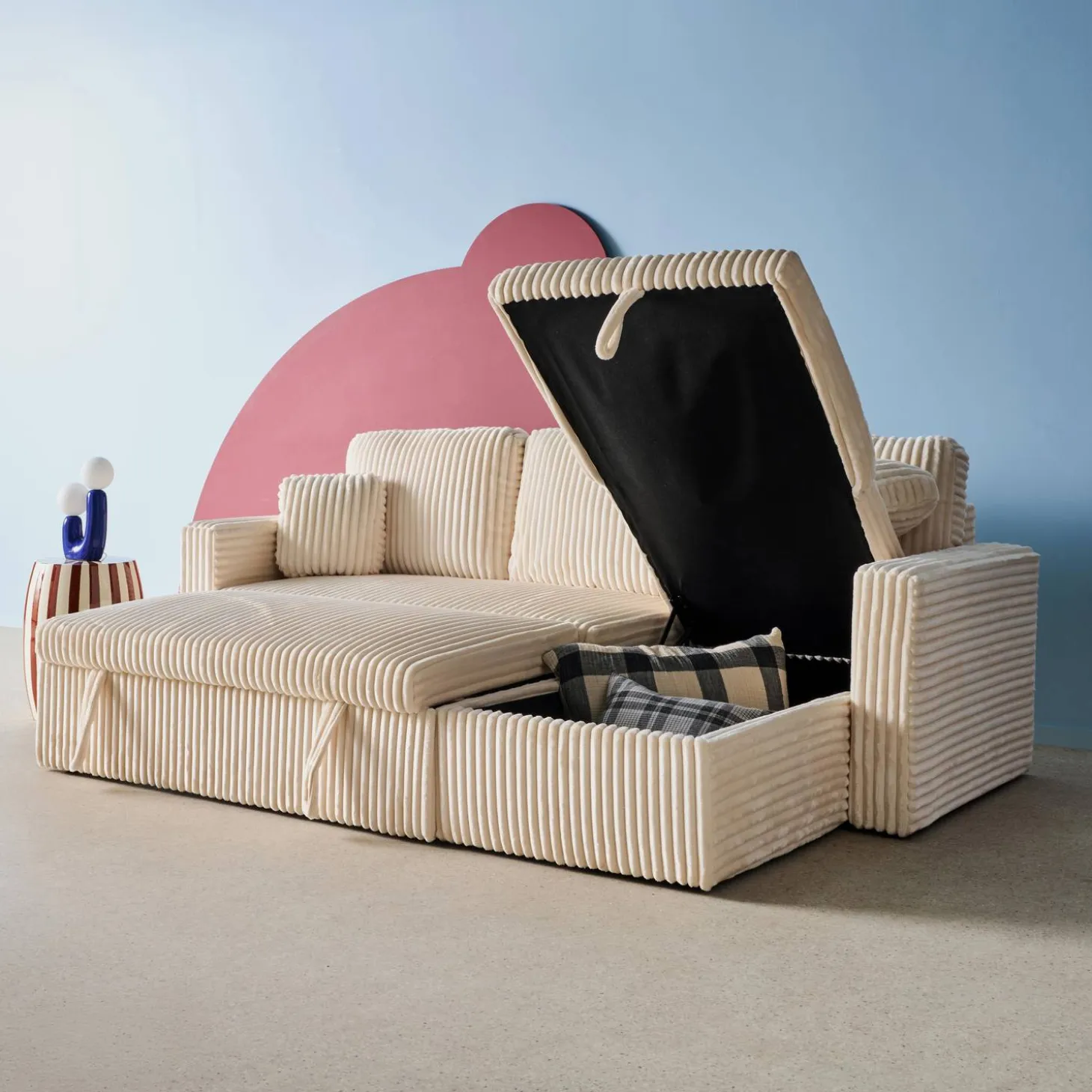 Sofá cama esquinero de pelo sintético con textura acanalada de 3 plazas