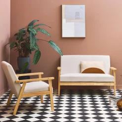 Sofá de 2 plazas y sillón de pana con patas de madera