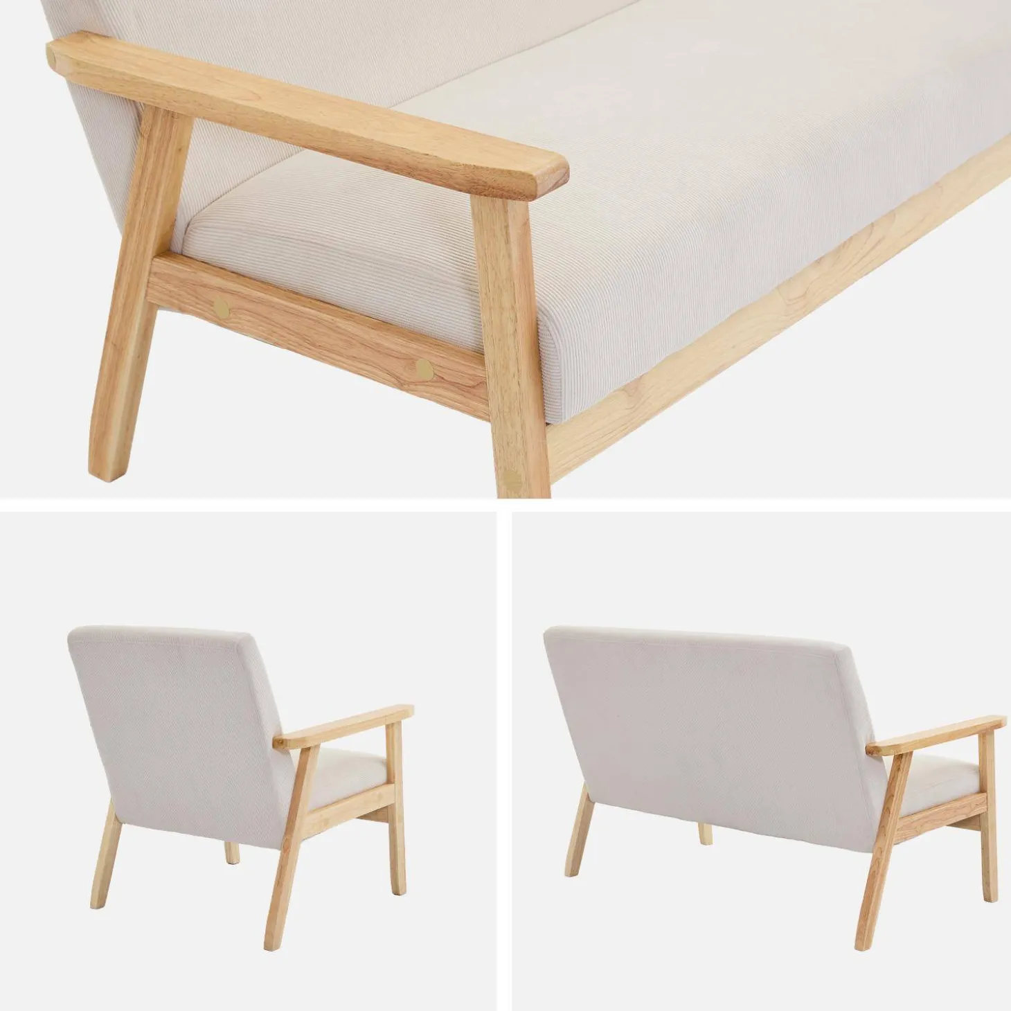 Sofá de 2 plazas y sillón de pana con patas de madera