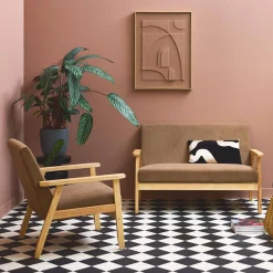 Sofá de 2 plazas y sillón de pana con patas de madera