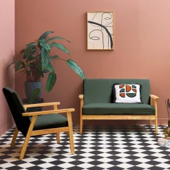 Sofá de 2 plazas y sillón de pana con patas de madera