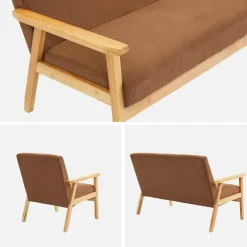 Sofá de 2 plazas y sillón de pana con patas de madera