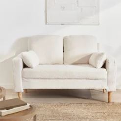 Sofá de tejido borreguito con patas de madera, 2 plazas