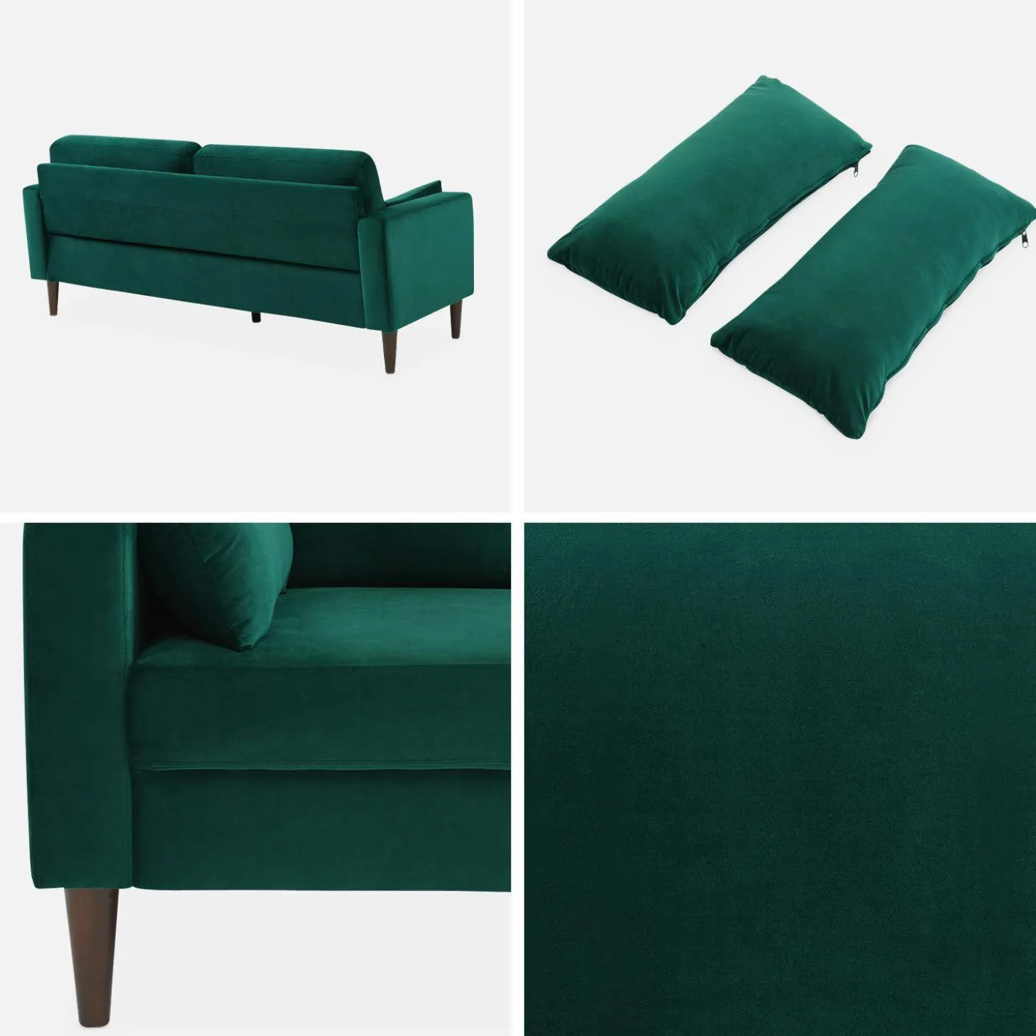 Sofá de terciopelo con patas de madera de hevea, 3 plazas