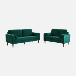 Sofá de terciopelo con patas de madera de hevea, 3 plazas