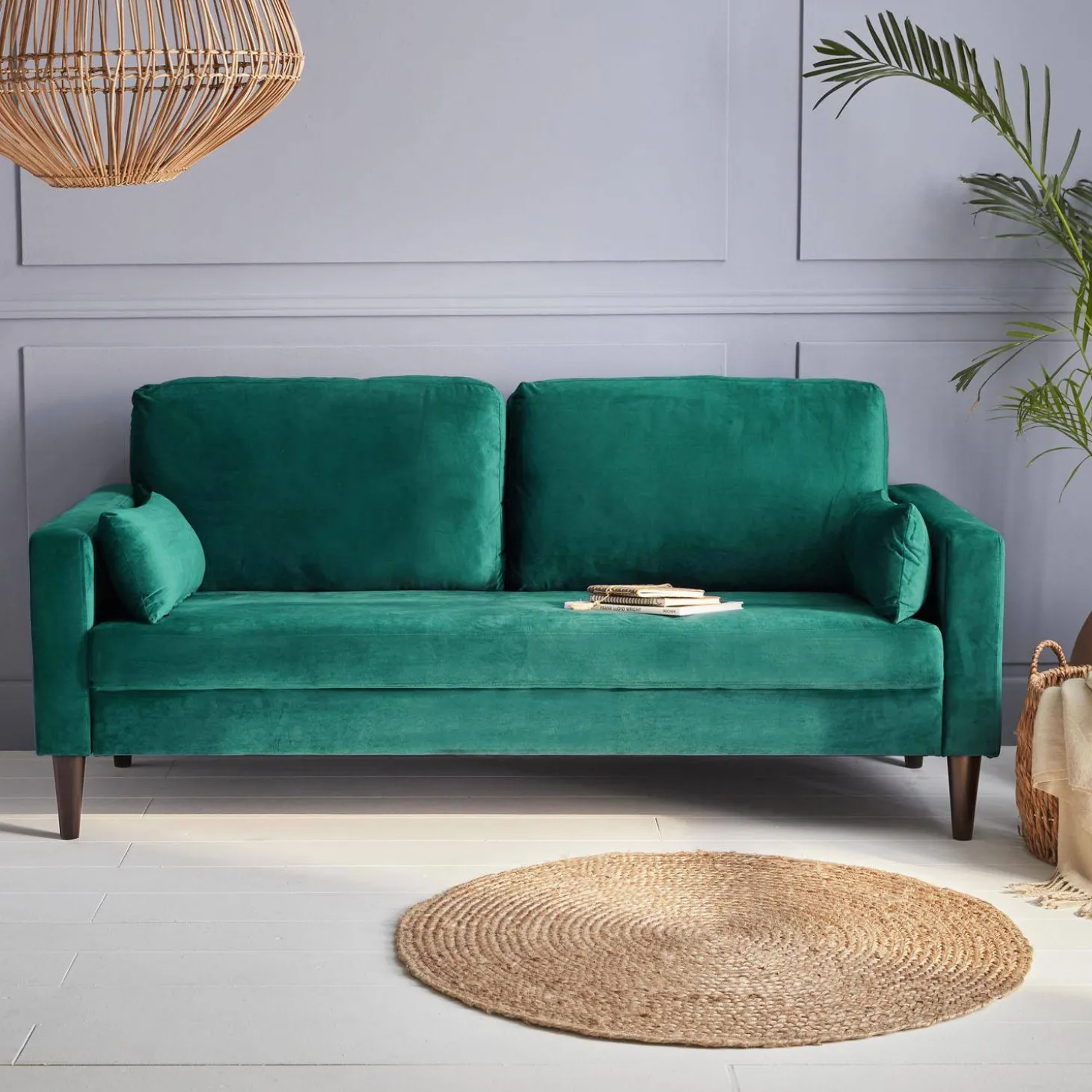 Sofá de terciopelo con patas de madera de hevea, 3 plazas