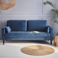 Sofá de terciopelo con patas de madera de hevea, 3 plazas