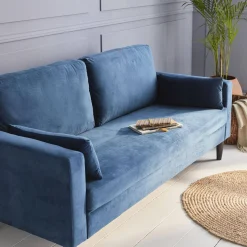 Sofá de terciopelo con patas de madera de hevea, 3 plazas