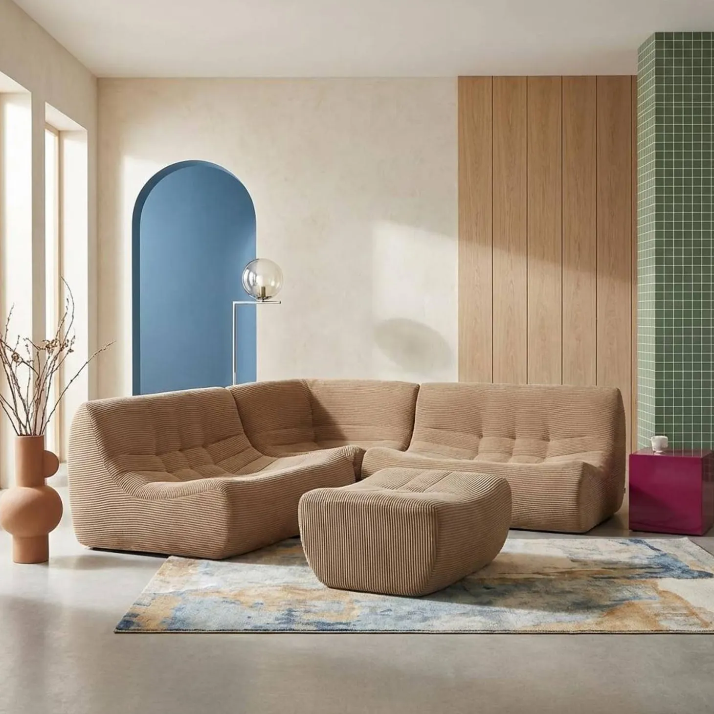 Sofá esquinero modular con reposapiés de terciopelo acanalado, 5 plazas