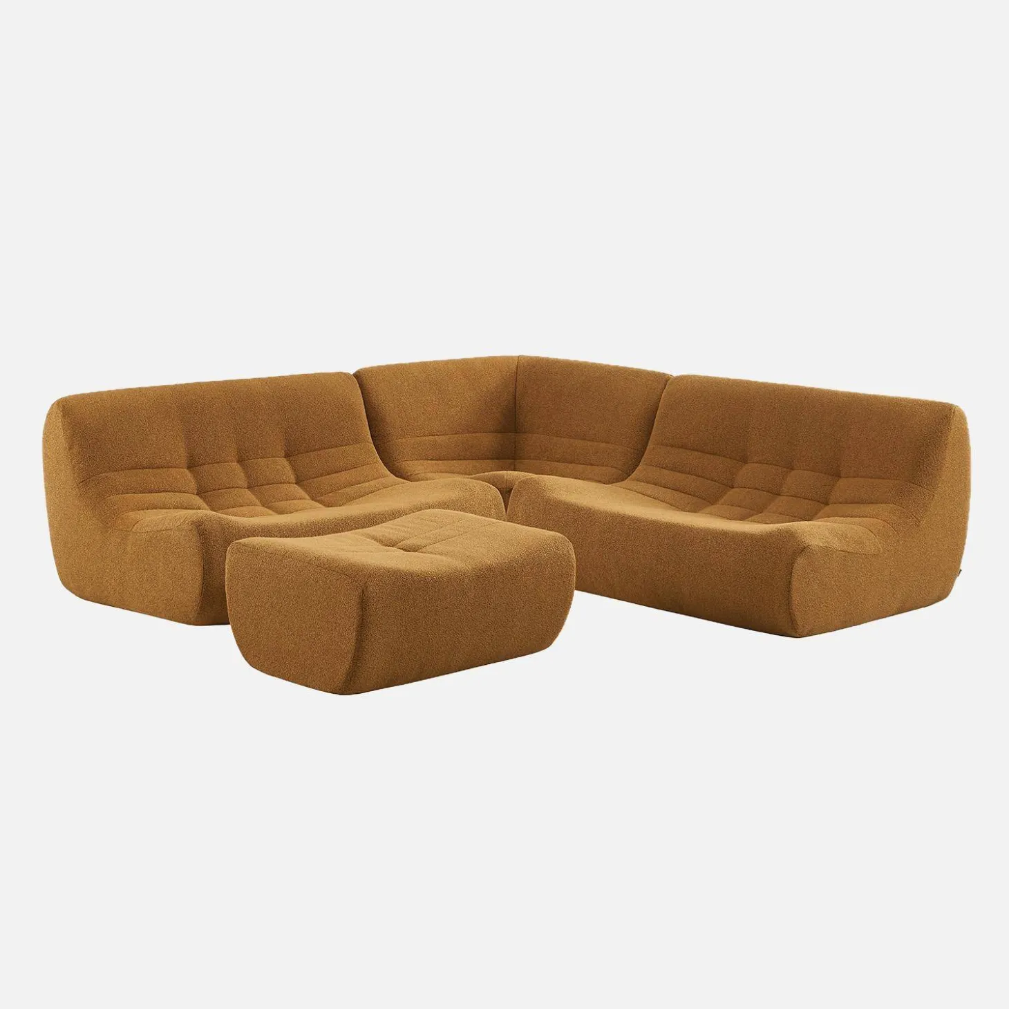 Sofá esquinero modular con reposapiés de borreguito texturizada, 5 plazas