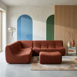 Sofá esquinero modular con reposapiés de borreguito texturizada, 7 plazas