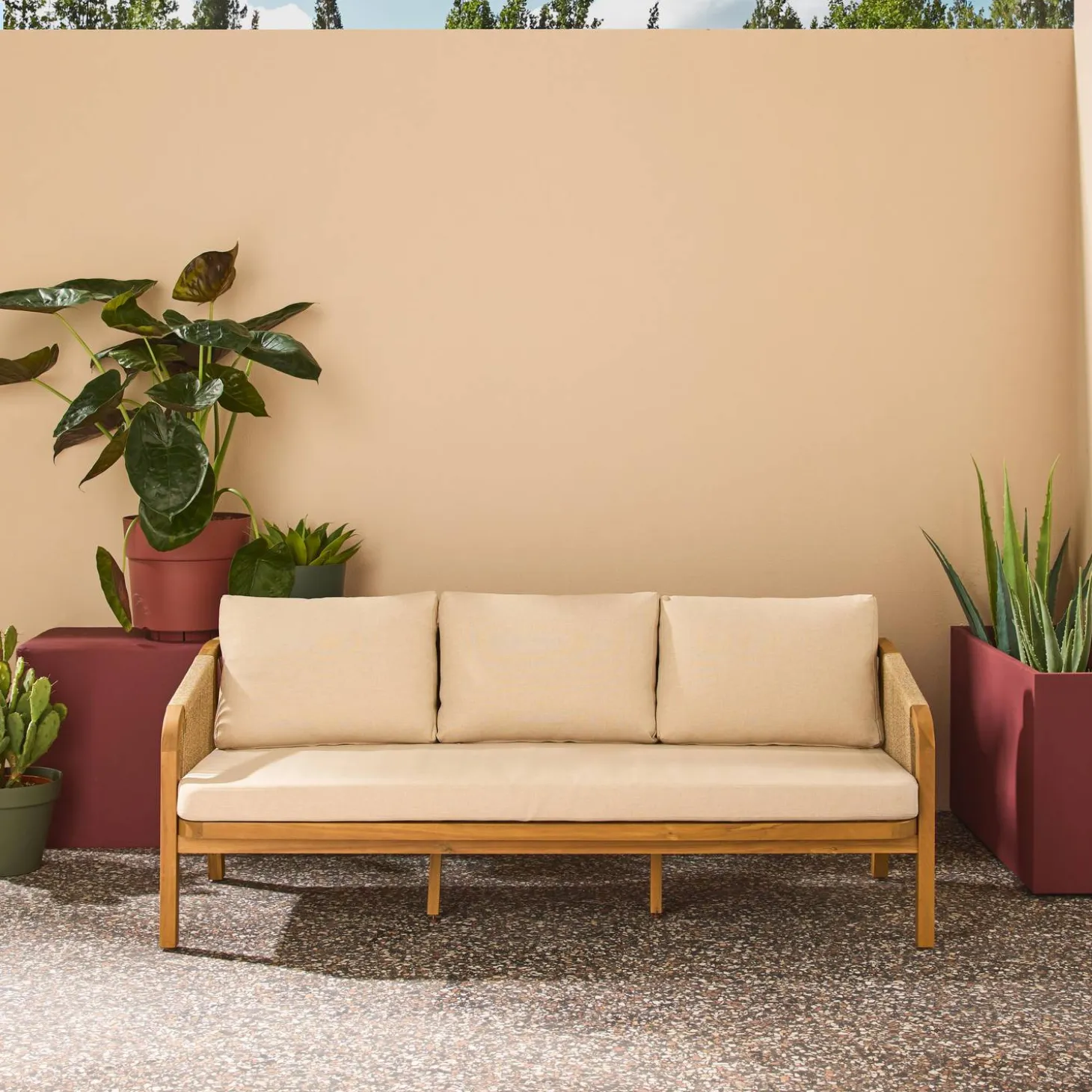 Sofá exterior de madera acacia, cuerdas y tela, 3 plazas
