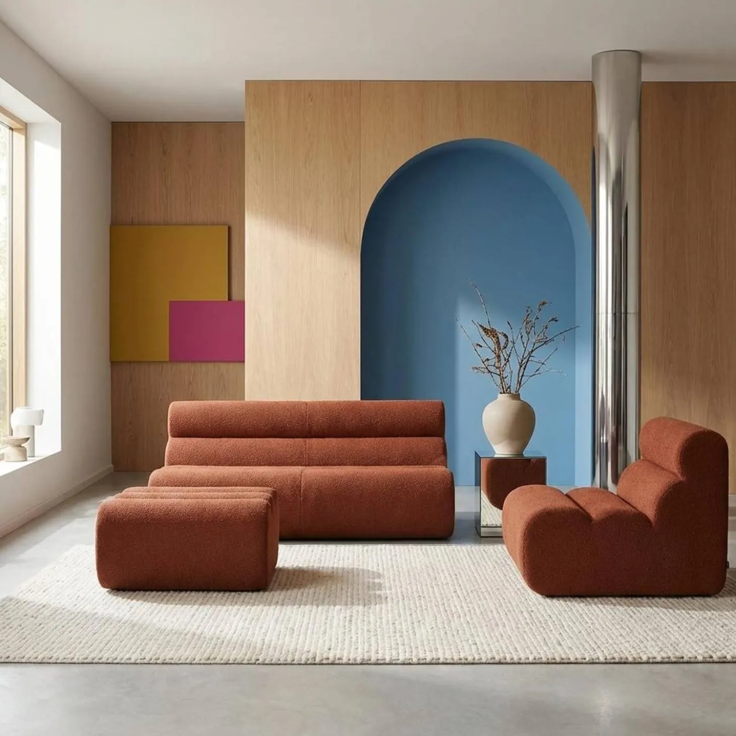 Sofá modular de borreguito con reposapiés, 3 plazas