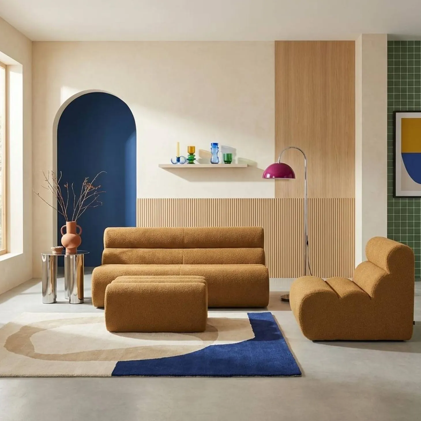 Sofá modular de borreguito con reposapiés, 3 plazas