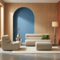 Sofá modular de borreguito con reposapiés, 3 plazas
