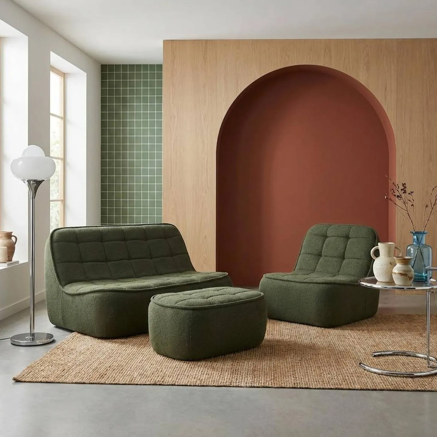 Sofá modular de borreguito texturizada con reposapiés, 3 plazas