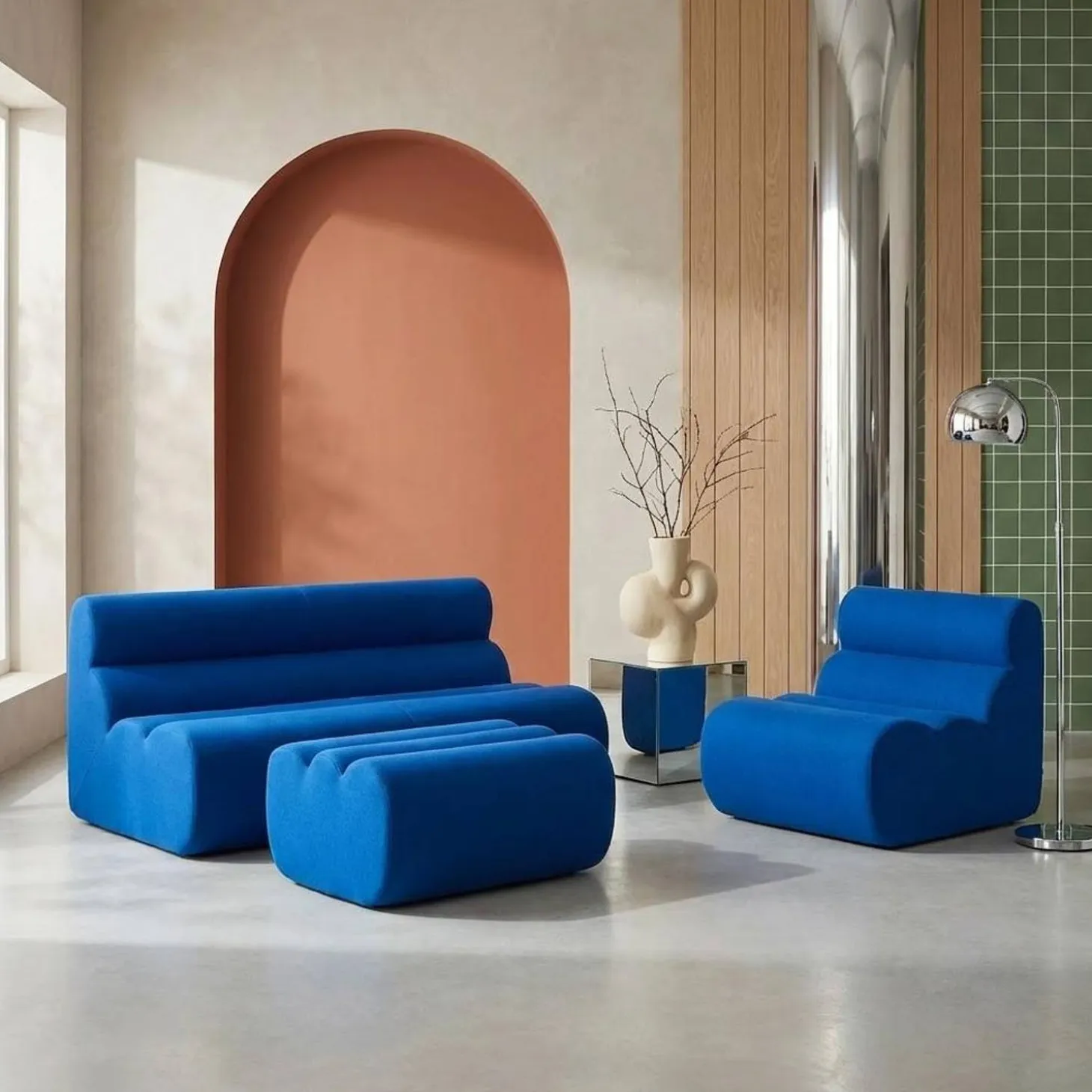 Sofá modular de tela con reposapiés, 3 plazas