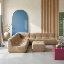 Sofá modular esquinero con reposapiés de terciopelo de pana fina, 7 plazas