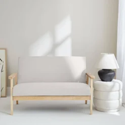 Sofá o banco con tela y patas de madera, 2 plazas