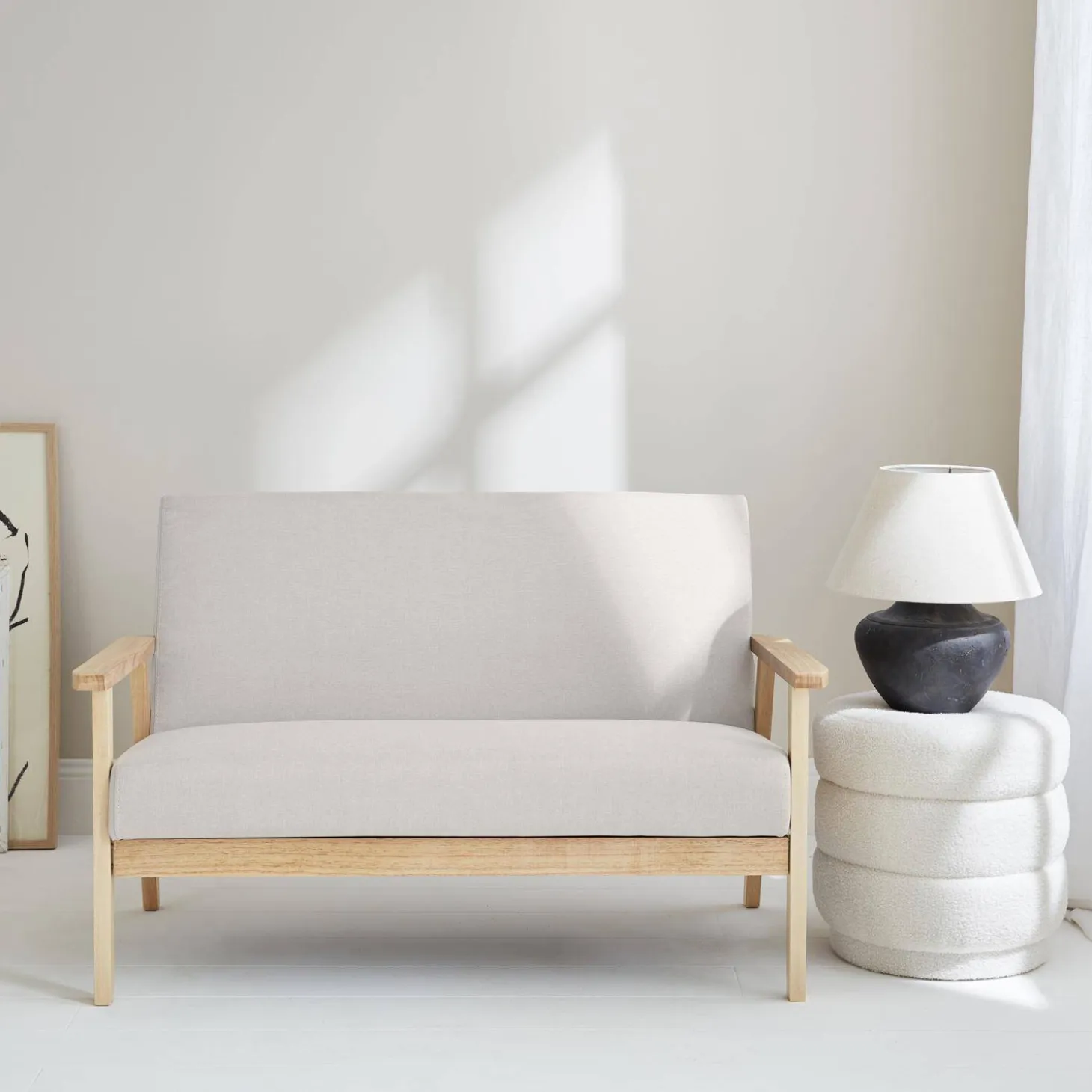 Sofá o banco con tela y patas de madera, 2 plazas