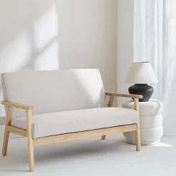 Sofá o banco con tela y patas de madera, 2 plazas