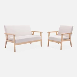 Sofá o banco con tela y patas de madera, 2 plazas