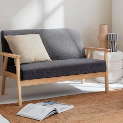 Sofá o banco con tela y patas de madera, 2 plazas