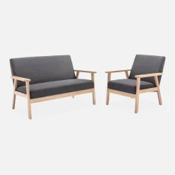 Sofá o banco con tela y patas de madera, 2 plazas