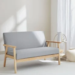 Sofá o banco con tela y patas de madera, 2 plazas