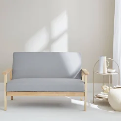 Sofá o banco con tela y patas de madera, 2 plazas
