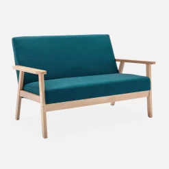 Sofá o banco con tela y patas de madera, 2 plazas