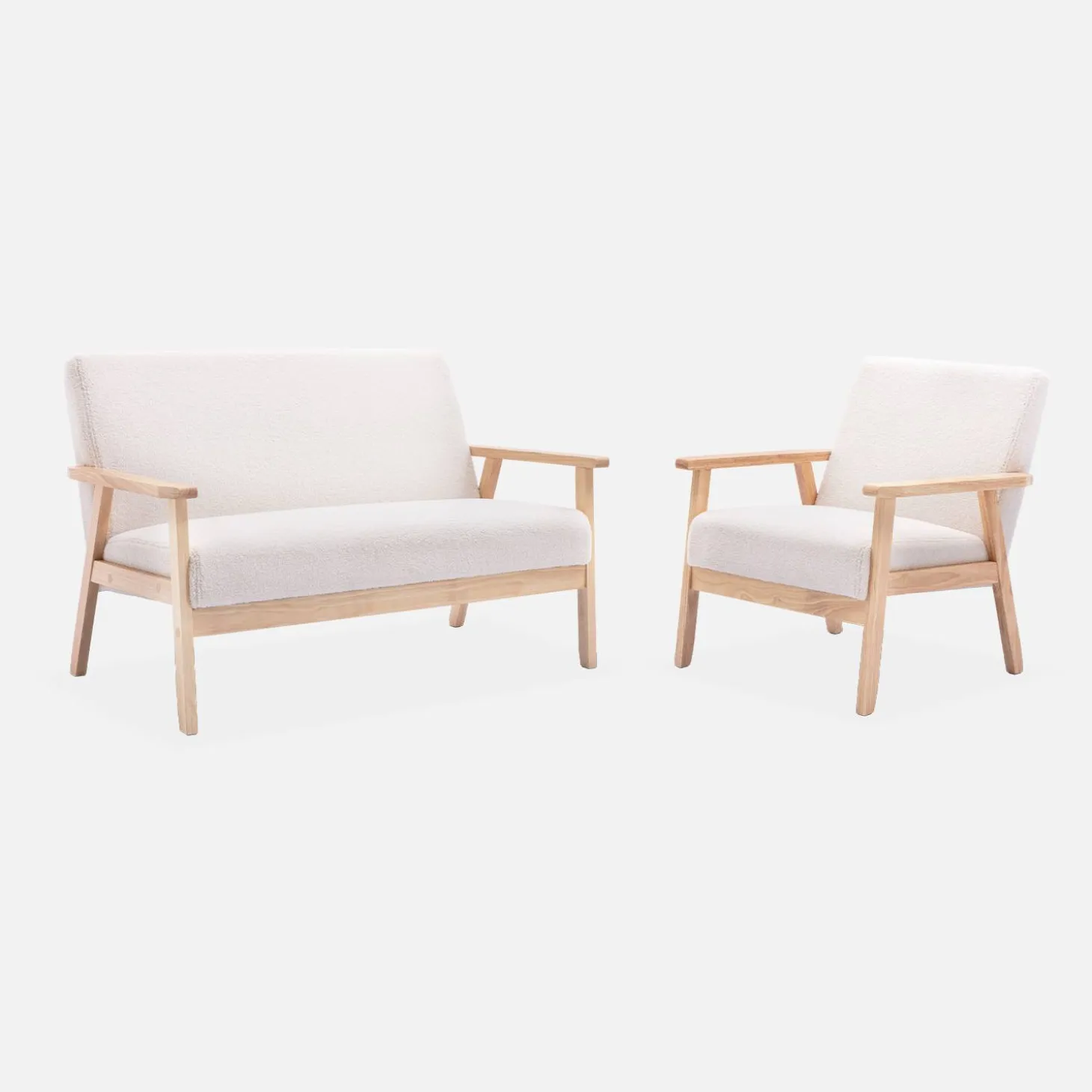 Sofá o banco de borreguito y patas de madera, 2 plazas